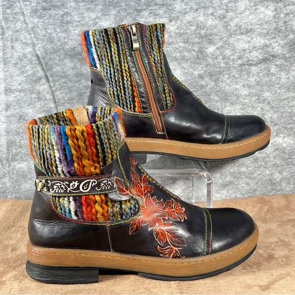 SOCOFY Sz 42 (11) Artesian Ankle Booties Dark Brown Leather Multicolor Tapestry - Picture 6 of 17